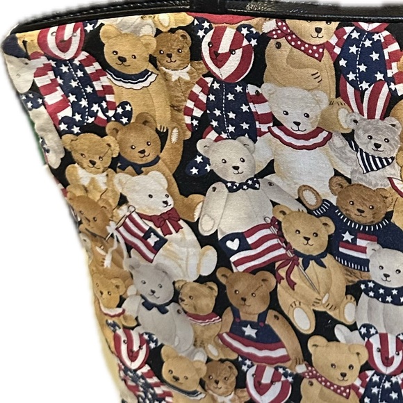 VTG TEDDY BEAR USA FLAG AMERICANA TOTE RED WHITE BLUE 14”x11” VEGAN LEATHER TRIM - Picture 3 of 12